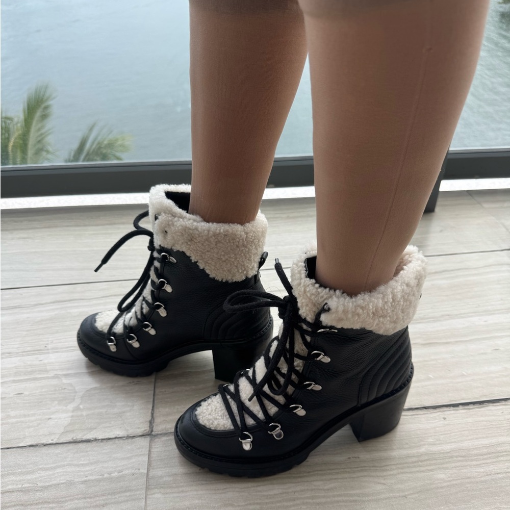 Marc Fisher Black and Cream Lace-Up Winter Boots
